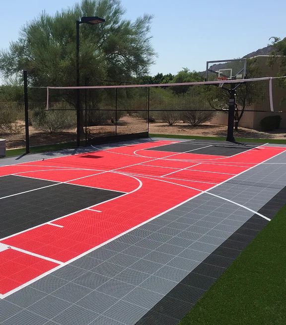 Multi Sport court with basketball hoop and volleyball net